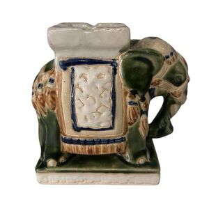 Vintage Hollywood Regency Style Elephant Ashtray 6" Green Chinese Glazed Ceramic